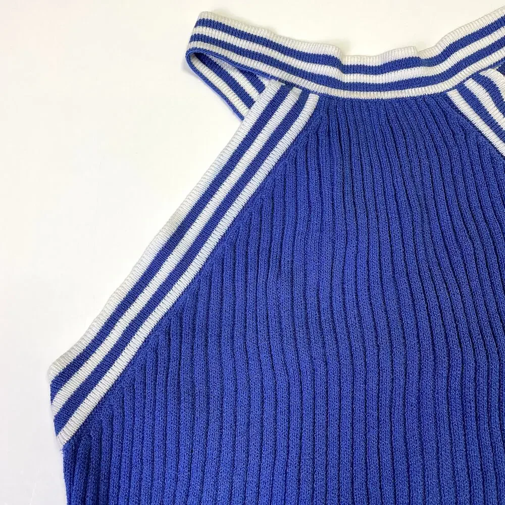 St John Sport by Marie Gray Blue Ribbed Knit Halter Tank Top S Striped - Picture 10 of 16